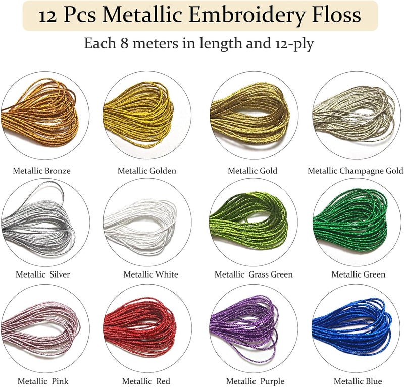Keromtein 12 Skeins Metallic Embroidery Floss, Multi-Purpose Cross Stitch Thread, Mix Colours Hand Embroidery Supplies（8 m 12 Strands） - Image 3